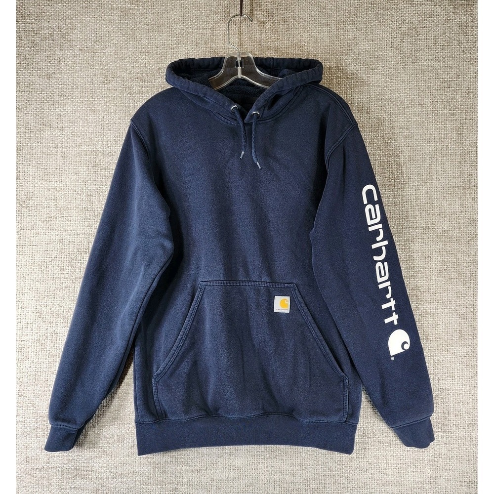 Carhartt Hoodie Sweatshirt Mens S Navy Pullover Loose Fit Spellout Logo